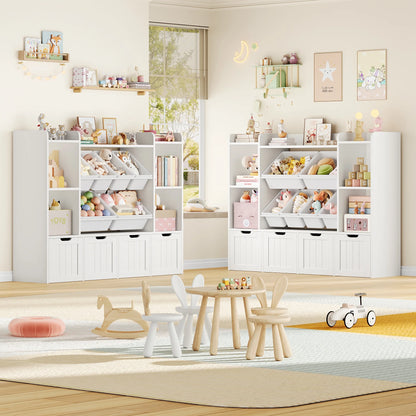 Hiphuta 3 Tier Kids Bookcase with Toy Storage Organizer, Wood Toy Organizer of 6 Boxes & 4 Removable Drawers, White