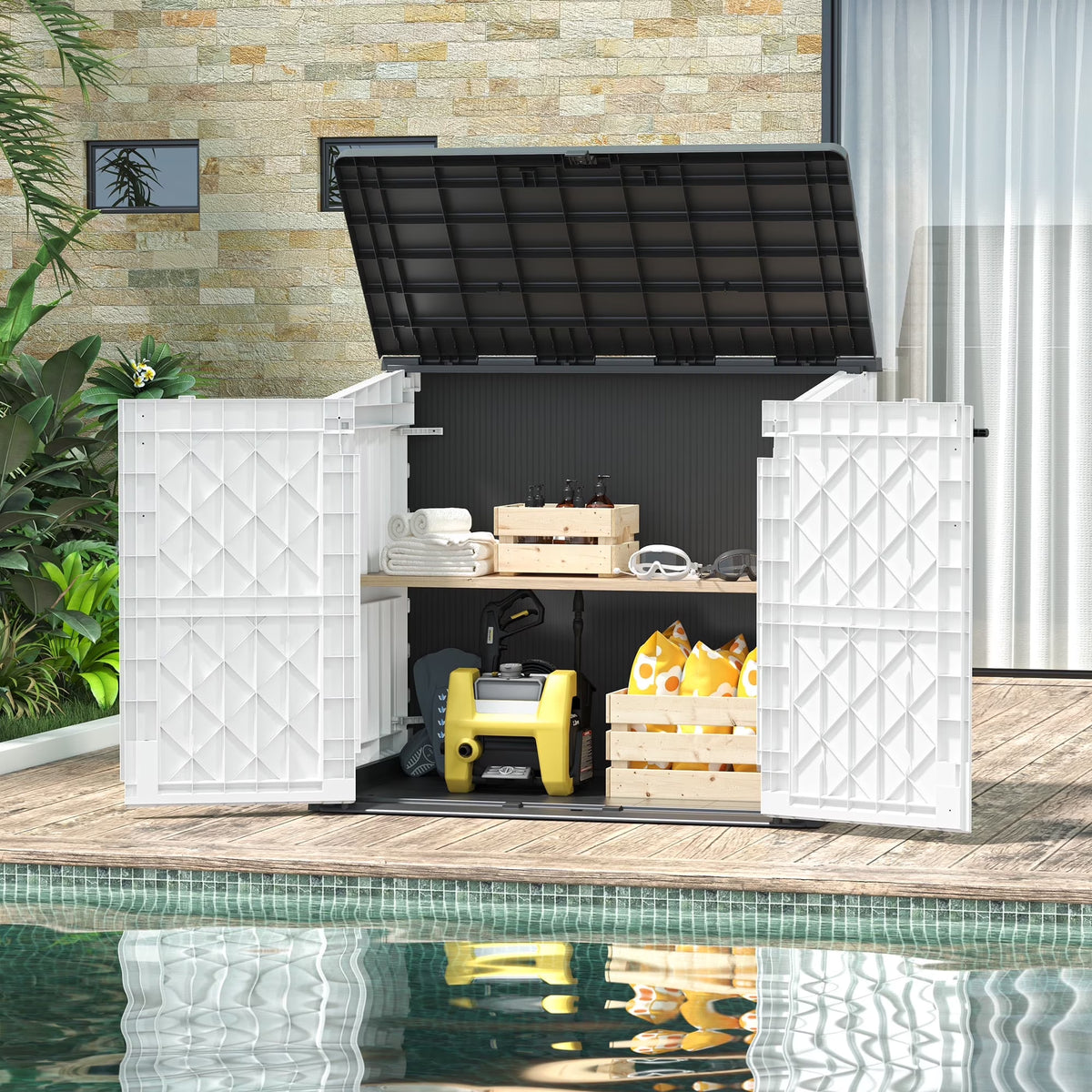 LHBCraft Outdoor Resin Storage Shed, 34 Cu. Ft. Weather-Resistant Garden Storage Box, Extra-Large Lockable Waterproof Shed for Bikes, Lawnmowers, and Garden Tools