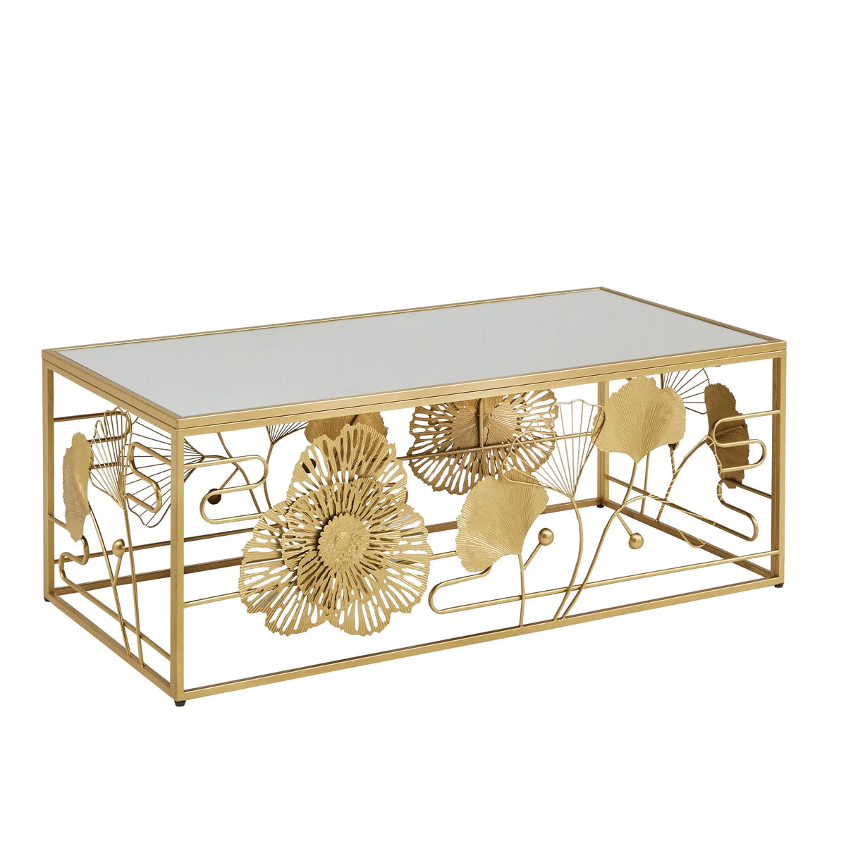 Weston Home Ditmas Glam Peony and Ginkgo Rectangular Coffee Table with Mirror Top, Gold