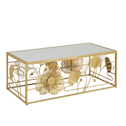 Weston Home Ditmas Glam Peony and Ginkgo Rectangular Coffee Table with Mirror Top, Gold