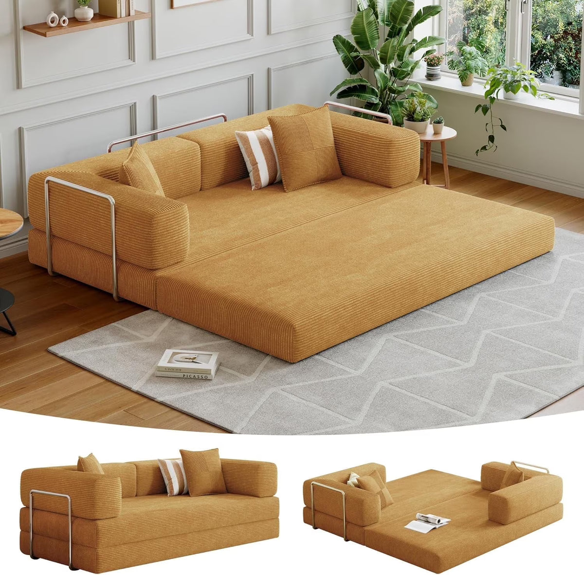 Convertible Sleeper Sofa Bed,Compressed Floor Boneless Couch,Modular Modern Corduroy Sofa for Living Room Bedroom -with Fixed-Shape Frame and Support Armrest,Easy Assembly(Green)
