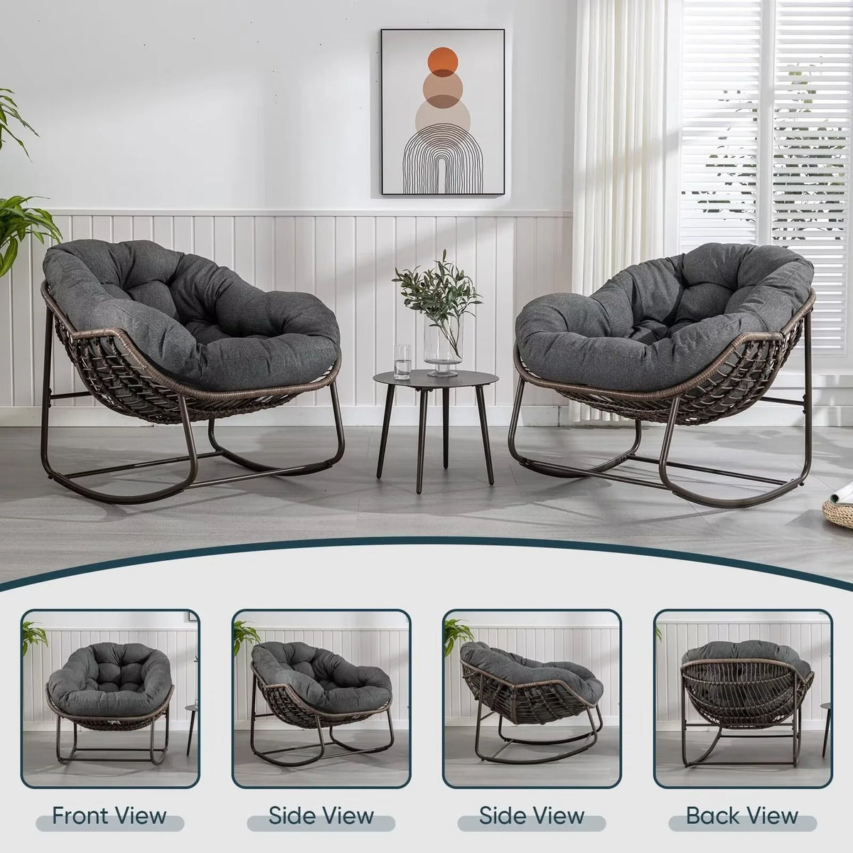 Outdoor Papasan Rocking Chair, Patio Oversized Wicker Egg Rocking Chair, Indoor & Outdoor Comfy Rocker Chair with Thick Cushion, Modern Lounge Chair for Front Porch, Garden, Backyard, Grey