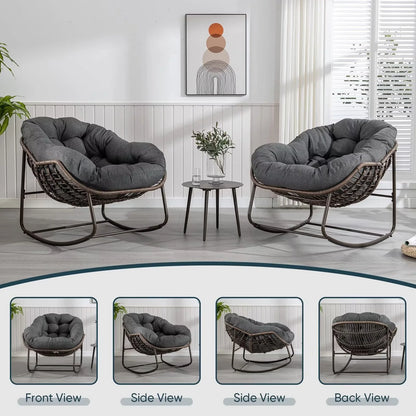 Outdoor Papasan Rocking Chair, Patio Oversized Wicker Egg Rocking Chair, Indoor & Outdoor Comfy Rocker Chair with Thick Cushion, Modern Lounge Chair for Front Porch, Garden, Backyard, Grey