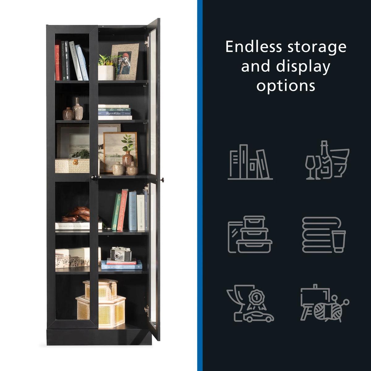 Mainstays Glass Door Storage Bookcase, Black Finish