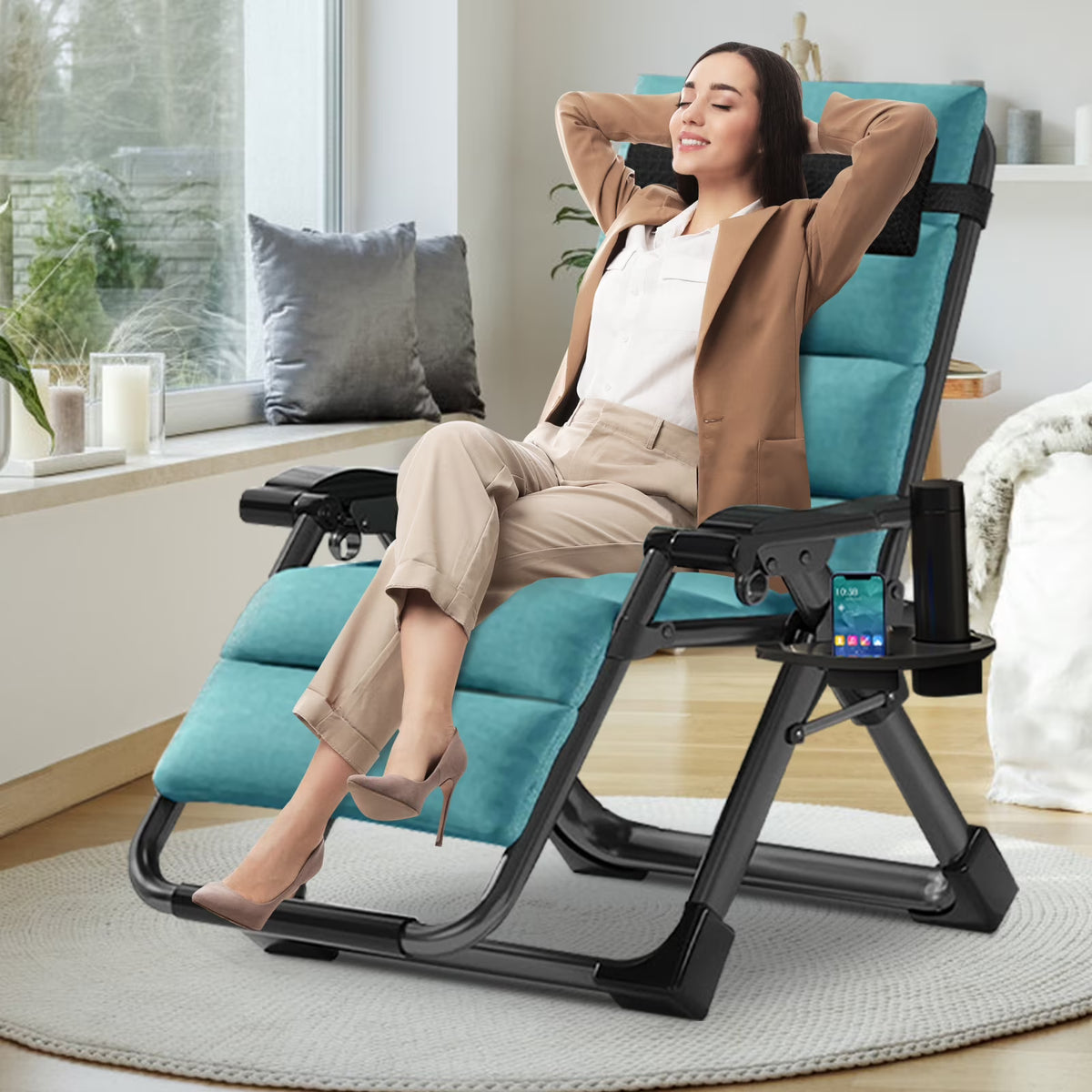 NAIZEA Zero Gravity Chair with Removable Cushion and Cup Holder Black