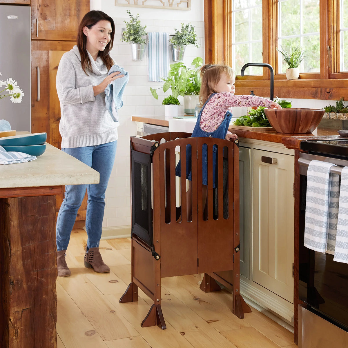 Guidecraft Contemporary Kitchen Helper Step Stool - White: Adjustable, Folding Montessori Toddler Tower - Safety Learning Furniture