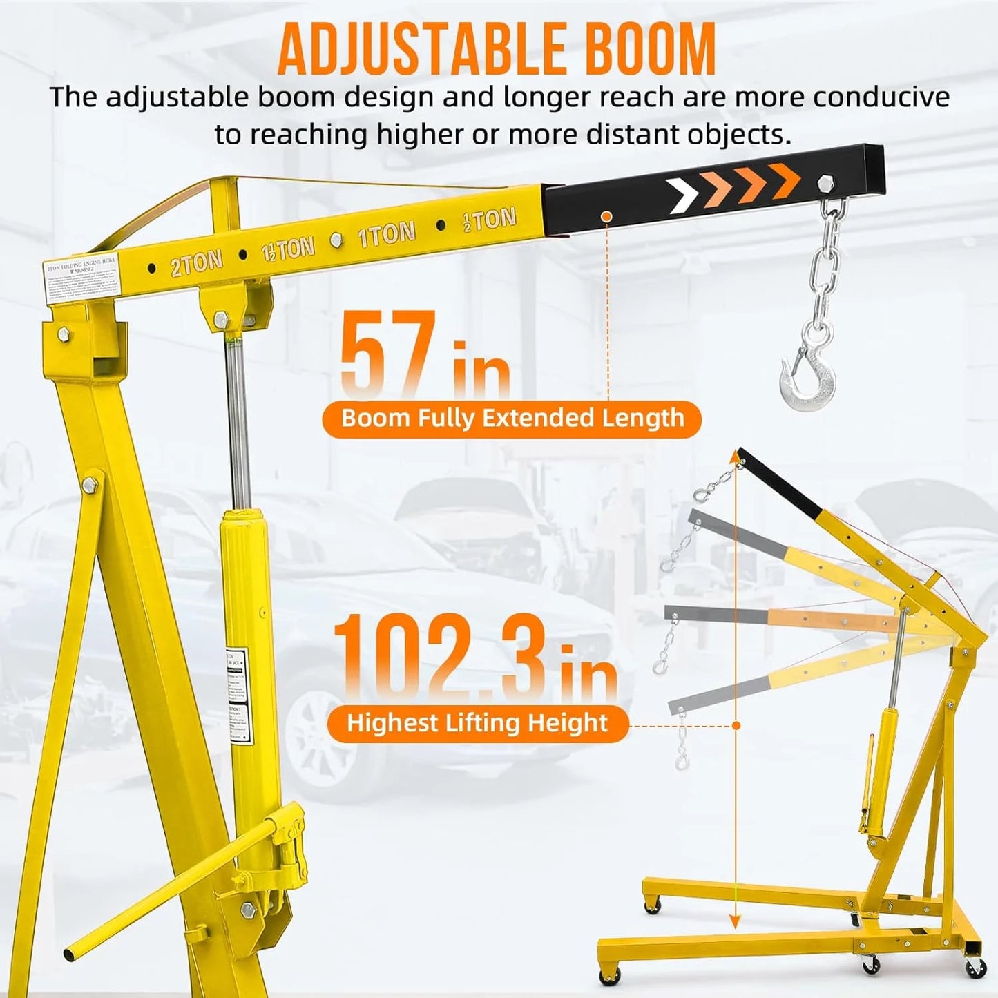 GARVEE 2 Ton Folding Hydraulic Engine Hoist with Lever,Folding Engine Shop Crane Hoist Lift,Heavy Cherry Picker with 6 Wheels for Garage,Workshop,Yellow
