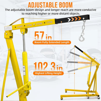 GARVEE 2 Ton Folding Hydraulic Engine Hoist with Lever,Folding Engine Shop Crane Hoist Lift,Heavy Cherry Picker with 6 Wheels for Garage,Workshop,Yellow