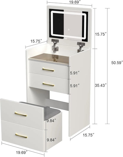 Montary Modern Mini Vanity w/Adjustable LED Mirror + Hidden Storage, Padded Stool & Dustproof Shelves (White)