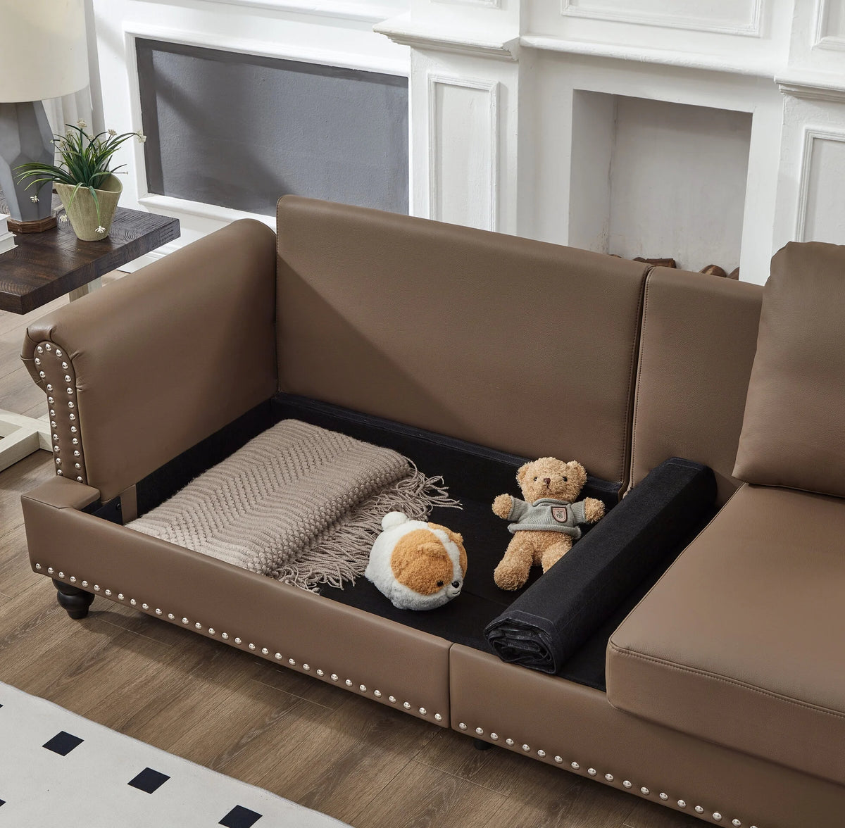 2 Piece Living Room Sofa Set, Modern Leather 3 Seater and Loveseat Sofa with Storage Seats and Rolled Nails Arms for Living Room, Brown