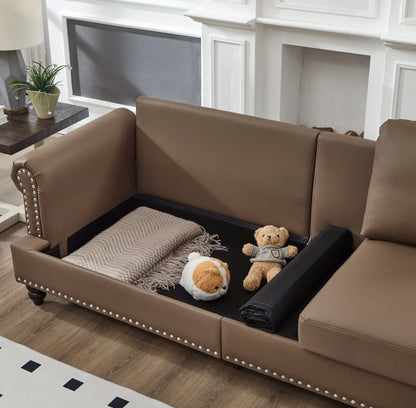 2 Piece Living Room Sofa Set, Modern Leather 3 Seater and Loveseat Sofa with Storage Seats and Rolled Nails Arms for Living Room, Brown