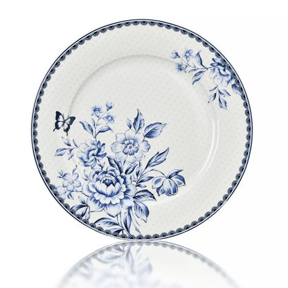 STP GOODS Melodie de Fleurs Bone China Dinnerware Set of 24 Service for 6 24-Piece Dish Set of Plates and Bowls, Blue Gold White