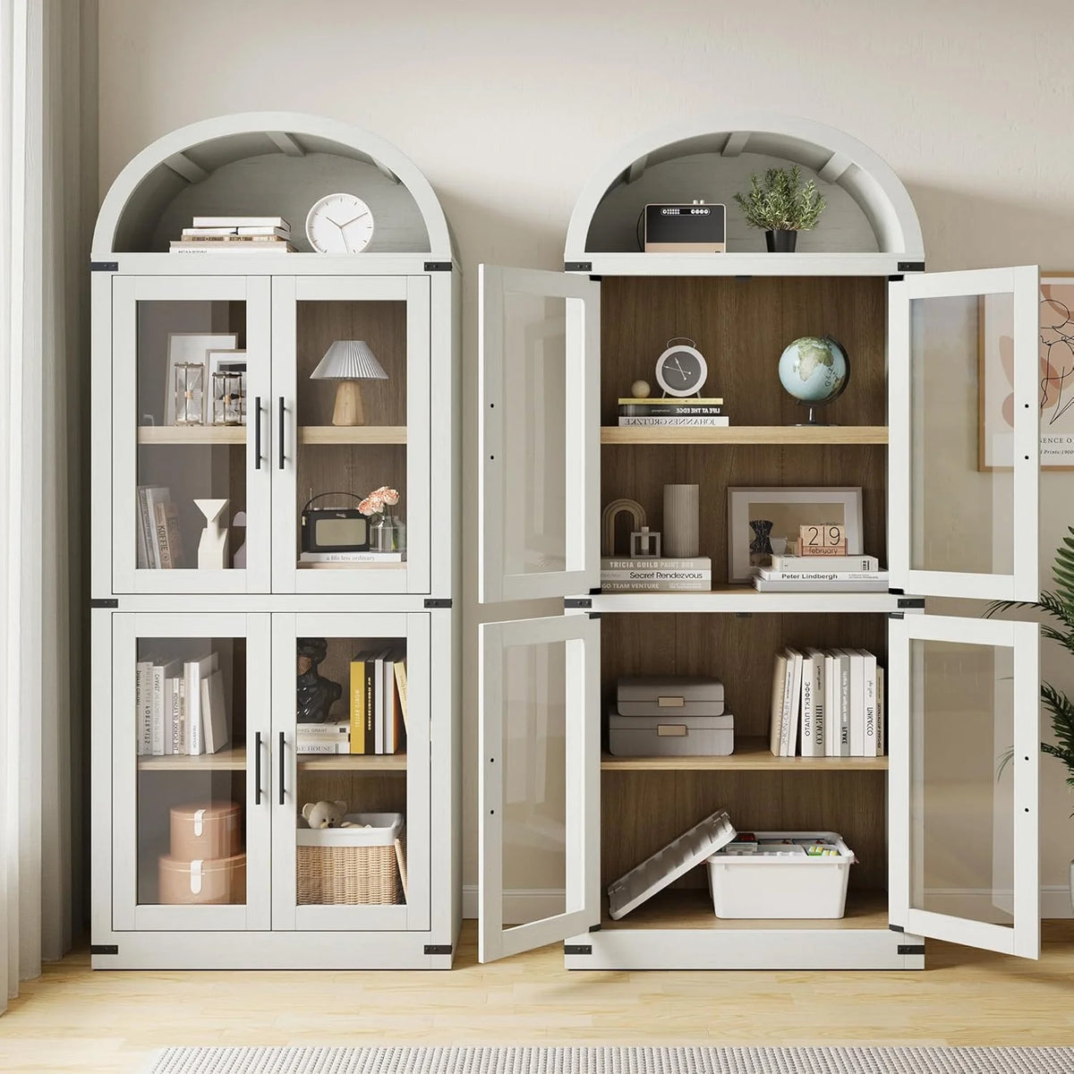 Arched Cabinet Tall Kitchen Pantry, Farmhouse Storage Cabinet Arch Hutch Cabinet, Large Bookshelf with Doors, Arched Bookcase with Cabinet, 5 Tier Kitchen Cabinet for Dining Room