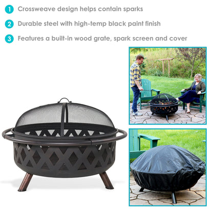 Sunnydaze Outdoor Camping or Backyard Round Crossweave Cut Out Fire Pit with Spark Screen, Log Poker, and Cover - 36"