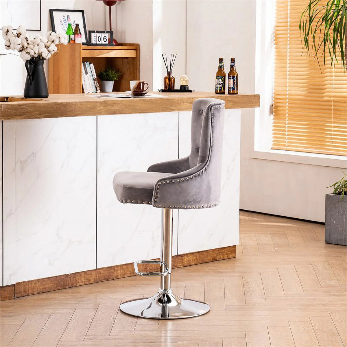 Alexent  2PCS Swivel Bar Stools, High Back, Button Tufted, Silver Footrest and Nailhead Trim Swivel Bar Chairs for Kitchen, Bar Velvet Upholstered Bar Stools, Dark Blue