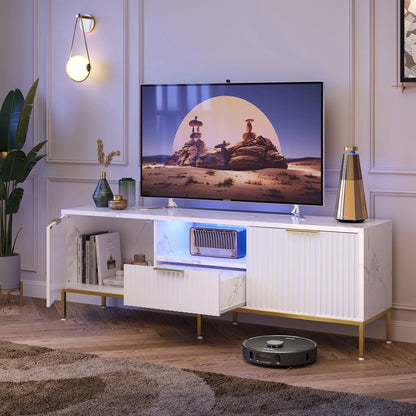 Bestier 55" LED TV Stand for TVs up to 60" Modern High Gloss Entertainment Center with Drawers Cabinets Fluted TV Console, White & Gold