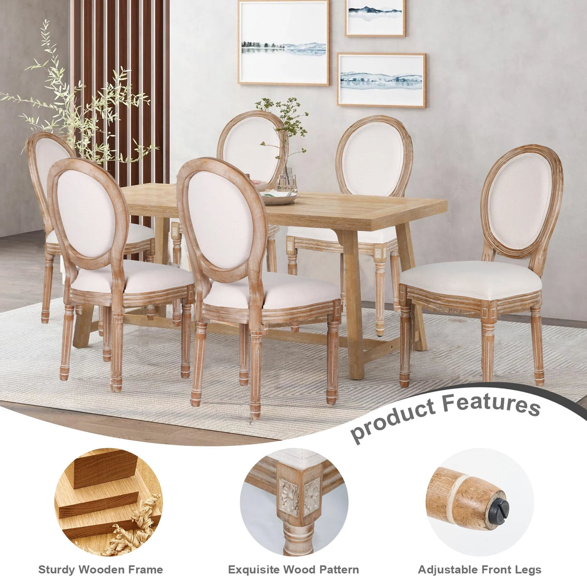 French Dining Chairs Set of 2 Beige Natural Fabric Round Back with Solid Wood Legs and Frame for Bedroom Dining Room Kitchen