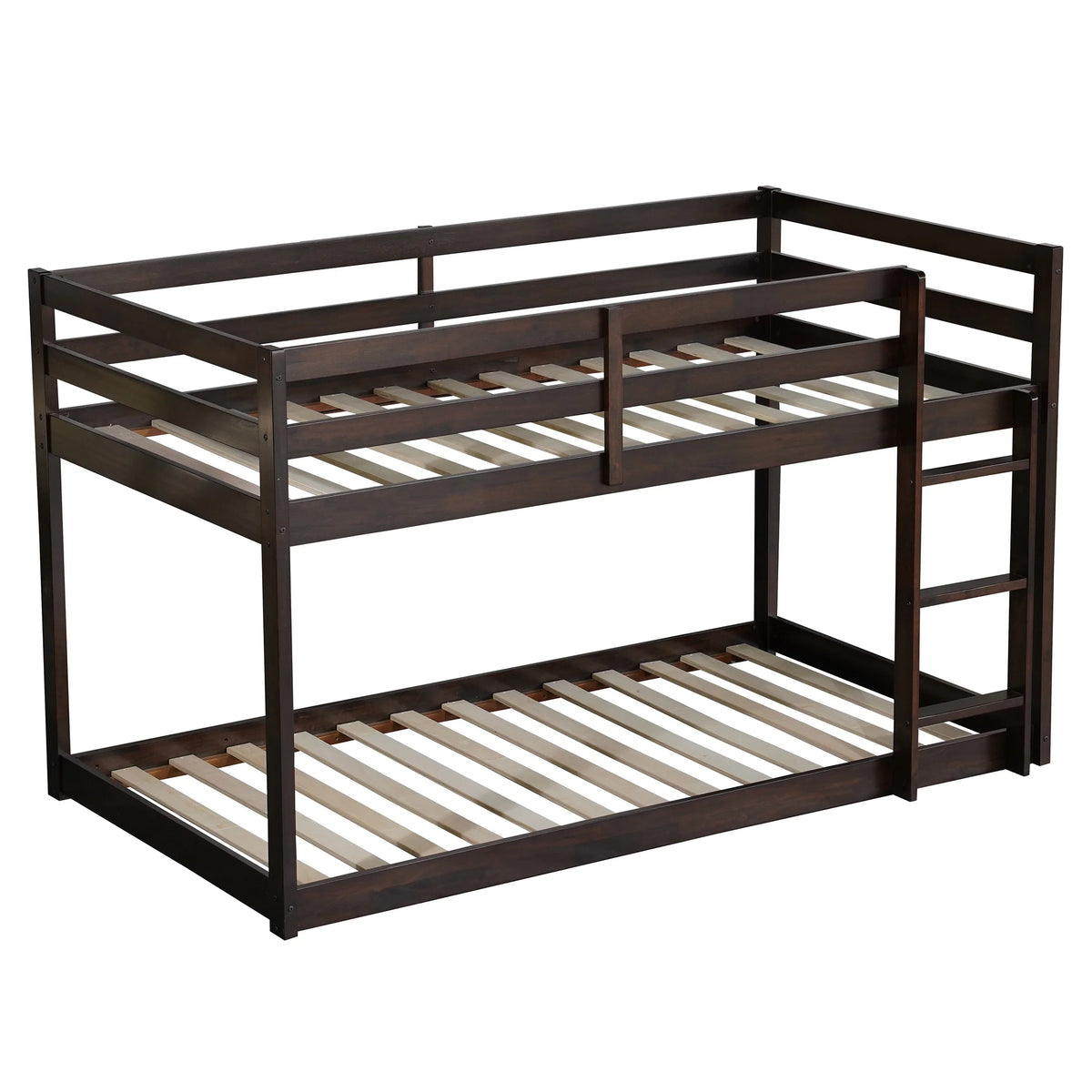 Twin Over Twin Floor Bunk Bed, UHOMEPRO Solid Wood Low Bunk Bed with Safety Rail, Ladder, Heavy Duty Bunk Beds, Space-Saving Bedroom Dorm Furniture, Gray