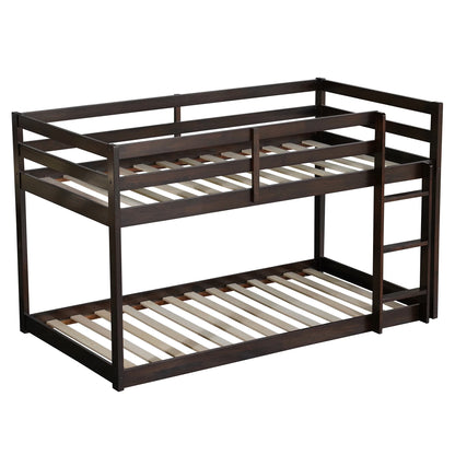 Twin Over Twin Floor Bunk Bed, UHOMEPRO Solid Wood Low Bunk Bed with Safety Rail, Ladder, Heavy Duty Bunk Beds, Space-Saving Bedroom Dorm Furniture, Gray
