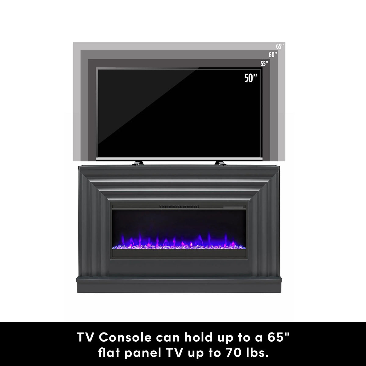 CosmoLiving by Cosmopolitan Rene Electric Fireplace Mantel 65" TV Stand with Multi-Color Flame and Crystal Ember Bed, Black