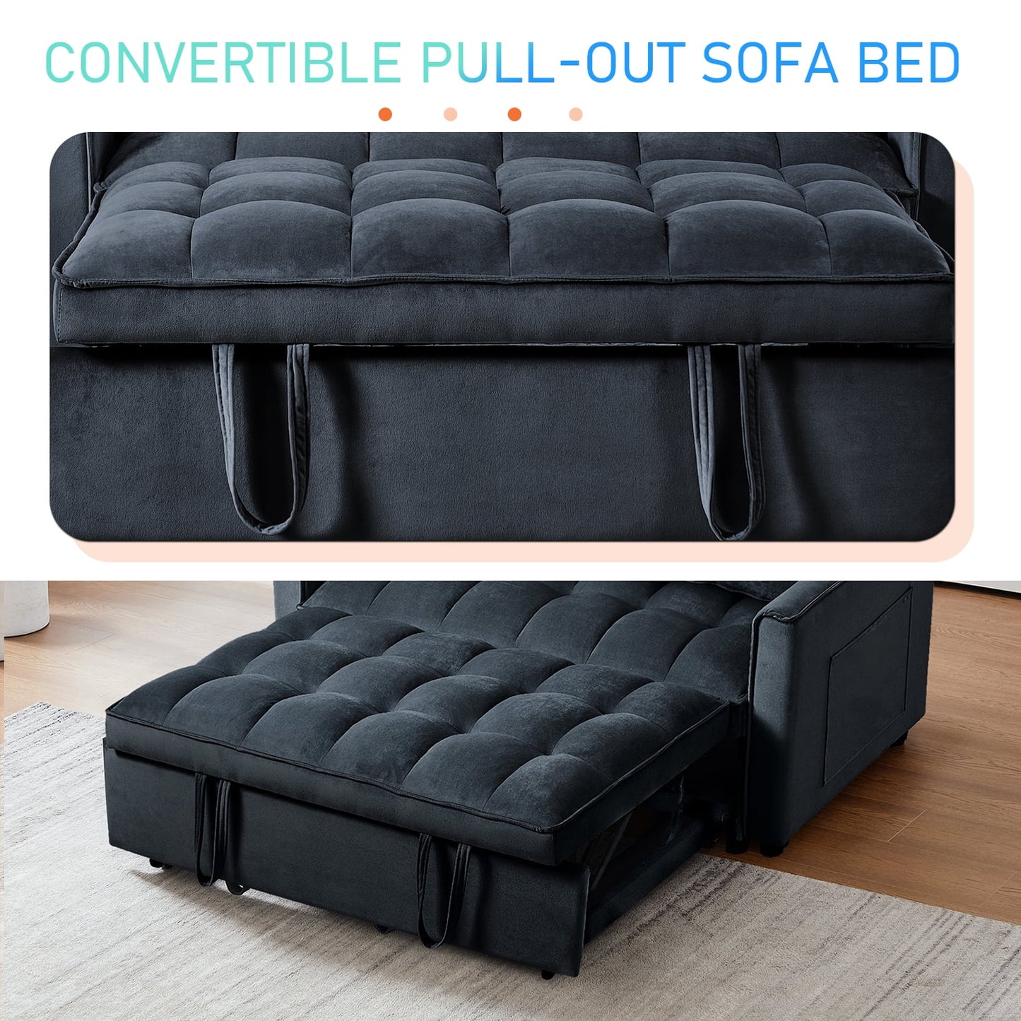 3 in 1 Convertible Sleeper Sofa Bed, Futon Couches for Living Room with Side Pocket | Adjustable Backrest| Velvet Fabric | Pull Out Couch | Love-seat sofa| Sectional Sofa Bed| 2-seat sofa bed