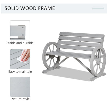 Outsunny Wooden Wagon Wheel Bench Rustic Outdoor Patio Furniture, 2-Person Seat Bench with Backrest Carbonized