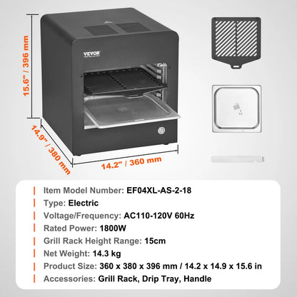 VEVOR Electric Steak Grill, 1800W Smokeless Infrared Electric Broiler, 1450��F Stainless Steel Steak Cooker with 6-Tier Adjustable Rack, Electric Infrared Grill for BBQ, Toast, Grill, Indoor