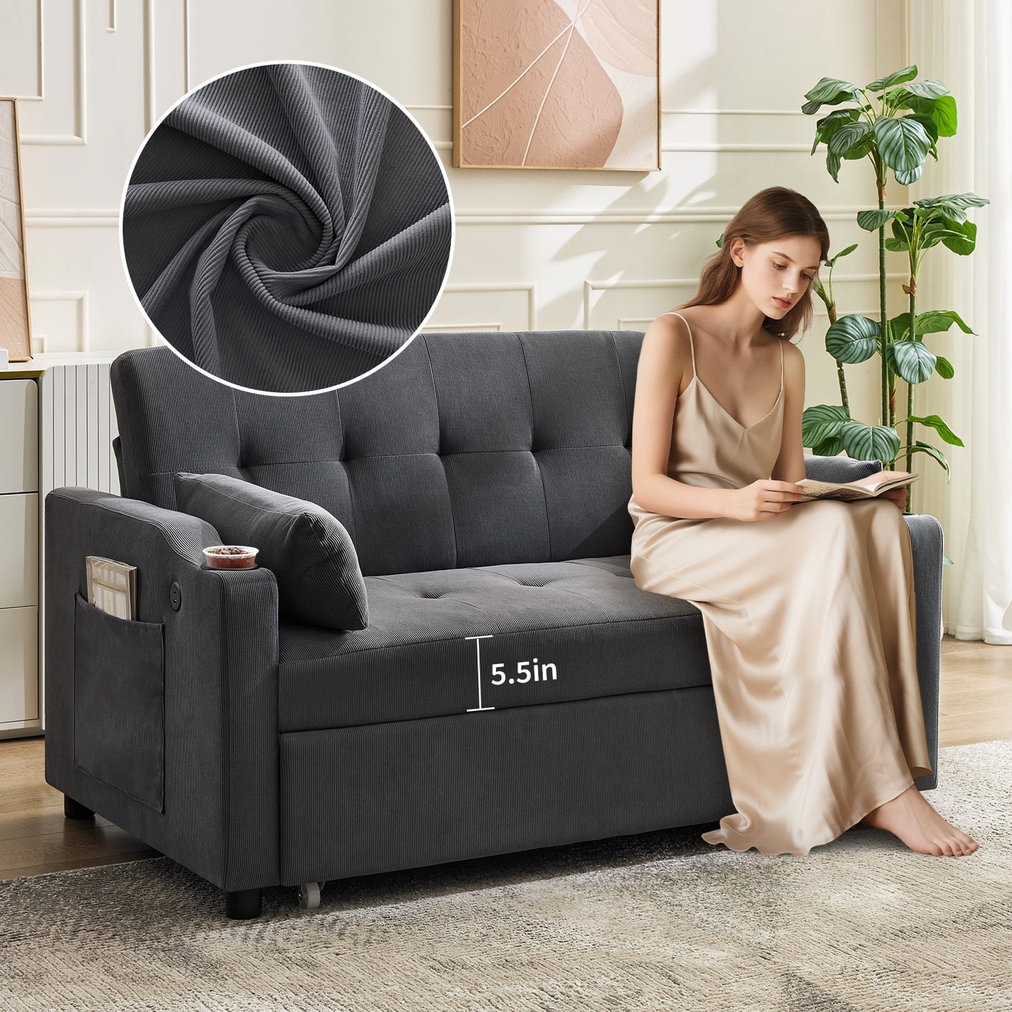 3 in 1 Convertible Sleeper Sofa Bed, Corduroy Futon Couches with Pull-Out Bed, Adjustable Backrest, Charging Port & Side Pockets, Modern Upholstered Sofa for Living Room, Guest Room