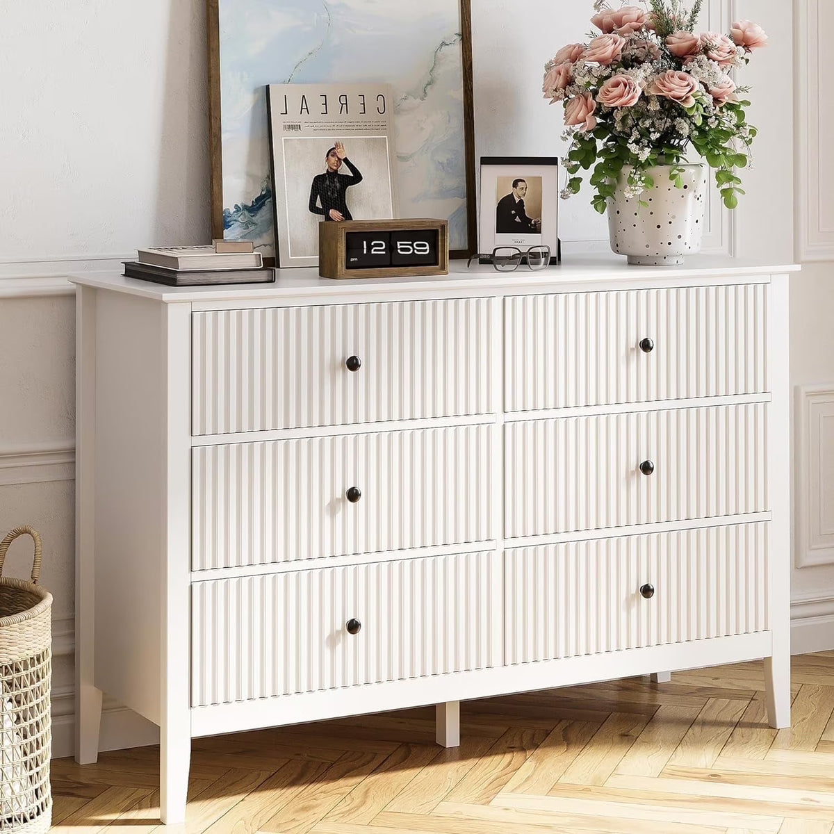May Color Large White 3 Drawer Dresser Set of 2 with Fluted Panel, Modern Chest of Drawers with Silent Slide Drawers, Wood Accent Nightstand with Storage for Bedroom Living Room, Hallway