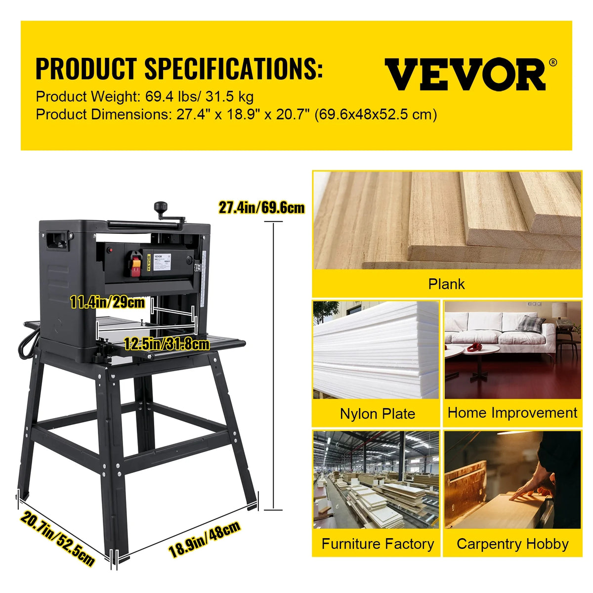 VEVORbrand 12.5" Thickness with detachable stand, Foldable Wood Planer 1500W Thickness Woodworking 315"/min Feed Rate Double Cutter Benchtop Thickness Planer with Dust Exhaust Interface Stand