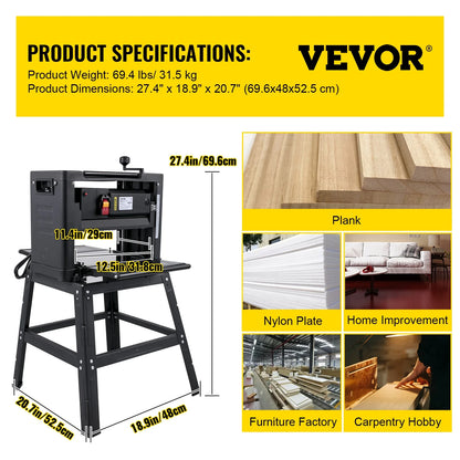 VEVORbrand 12.5" Thickness with detachable stand, Foldable Wood Planer 1500W Thickness Woodworking 315"/min Feed Rate Double Cutter Benchtop Thickness Planer with Dust Exhaust Interface Stand