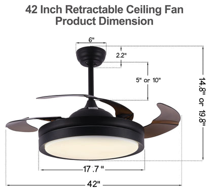 42" Retractable LED Ceiling Fan with Remote Control and Light Kit Included