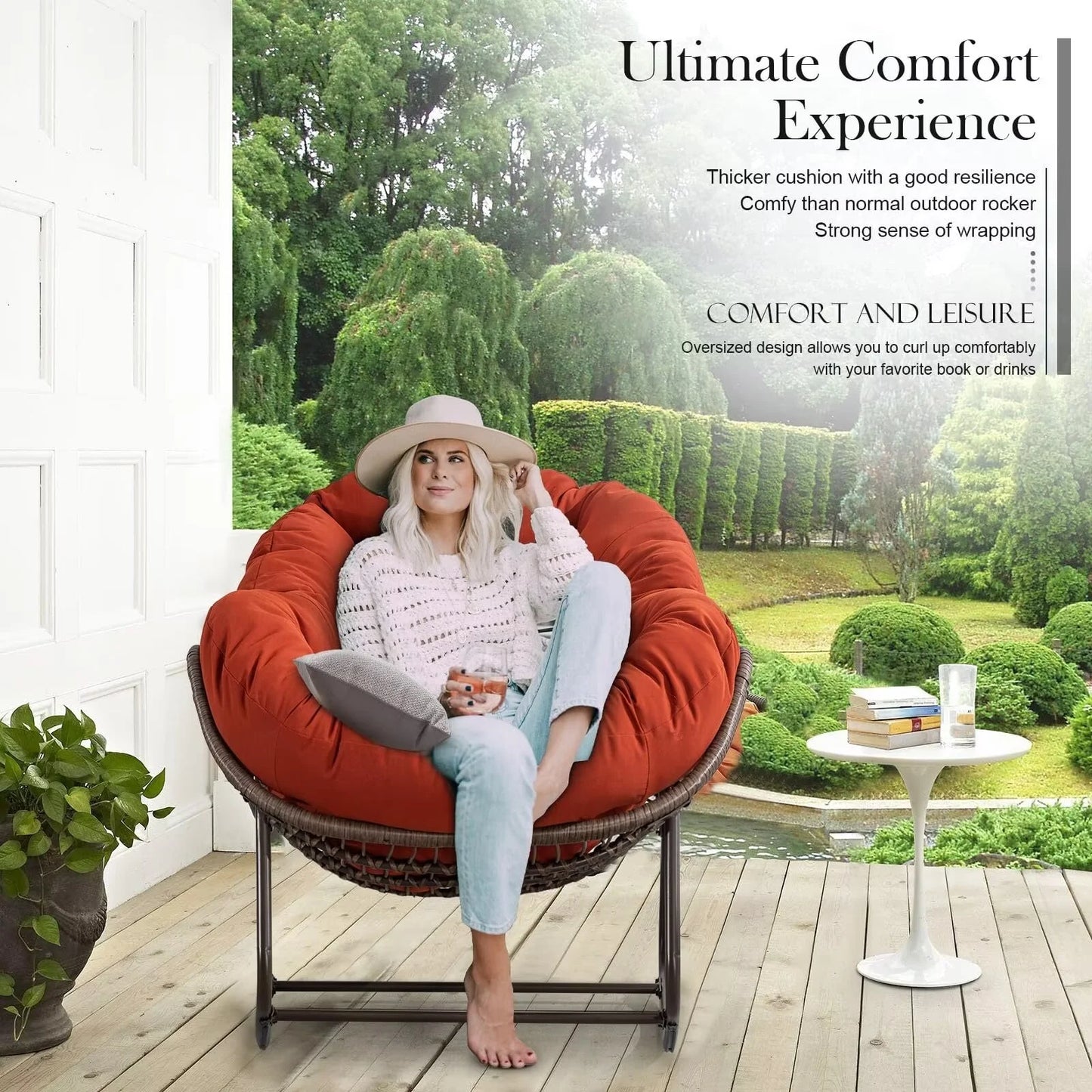 Outdoor Papasan Rocking Chair, Patio Oversized Wicker Egg Rocking Chair, Indoor & Outdoor Comfy Rocker Chair with Thick Cushion, Modern Lounge Chair for Front Porch, Garden, Backyard, Grey