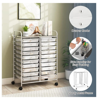 20 Drawers Storage Cart w/Rolling Wheels, Semi-Transparent Mobile Rolling Drawer Cart for School Classroom Office Home Salon, Files Scrapbook Craft Organizer, Utility Cart on Wheels (Clear)