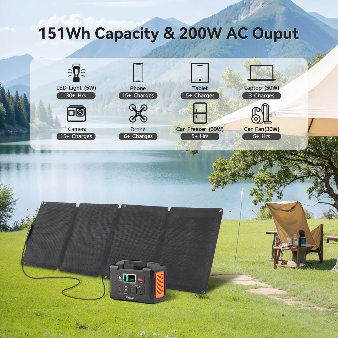 Flashfish 200W Portable Power Station, 40800mAh Solar Generator, Portable Generator for Camping Travel Emergency