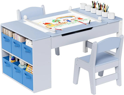 LAZY BUDDY Kids Art Table and 2 Chairs Set, 2 in 1 Easel & Toddler Craft Table and Chairs Set with Storage Bins, Paint Cups and Paper Roll, Activity Table Set for Children 3+