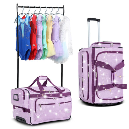 Fegat Dance Bag with Garment Rack,23"Glitter Bright Rolling Dance Duffel Bag Lightweight Competition Bag Costume Suitcase for Dancers Performer Artist, Shine Glitter Purple