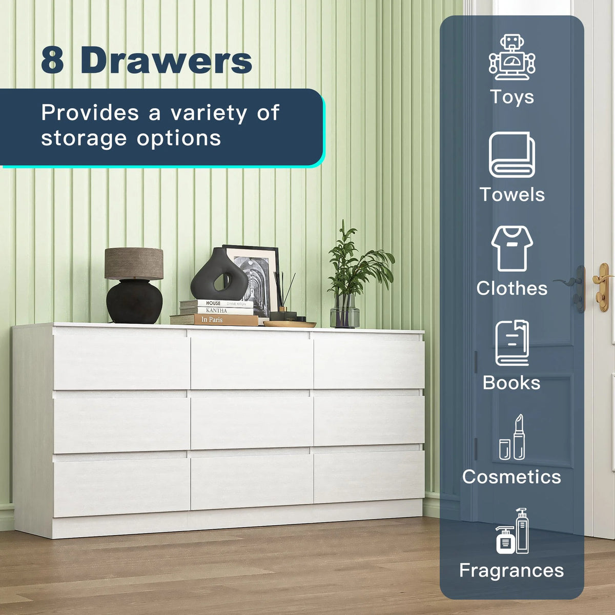 Resenkos Modern Mid Century 6 Drawer Wide Dressers Chests for Bedroom, Chest of Drawer Organizer Grey