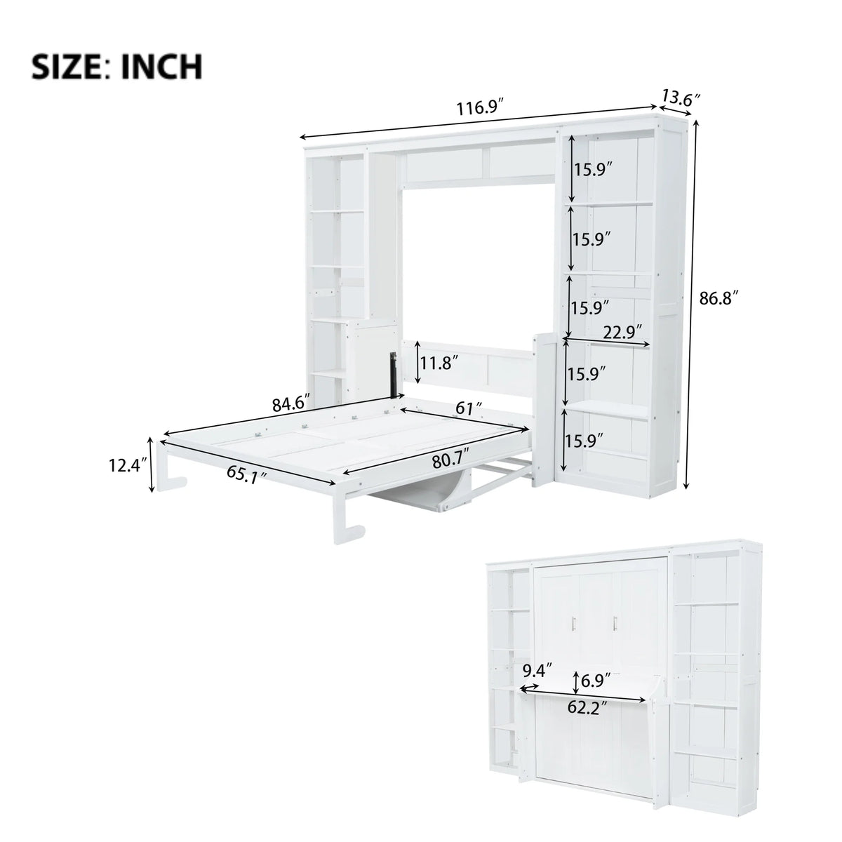 Queen Size Murphy Bed with Desk and Bookshelf(White)
