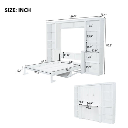 Queen Size Murphy Bed with Desk and Bookshelf(White)