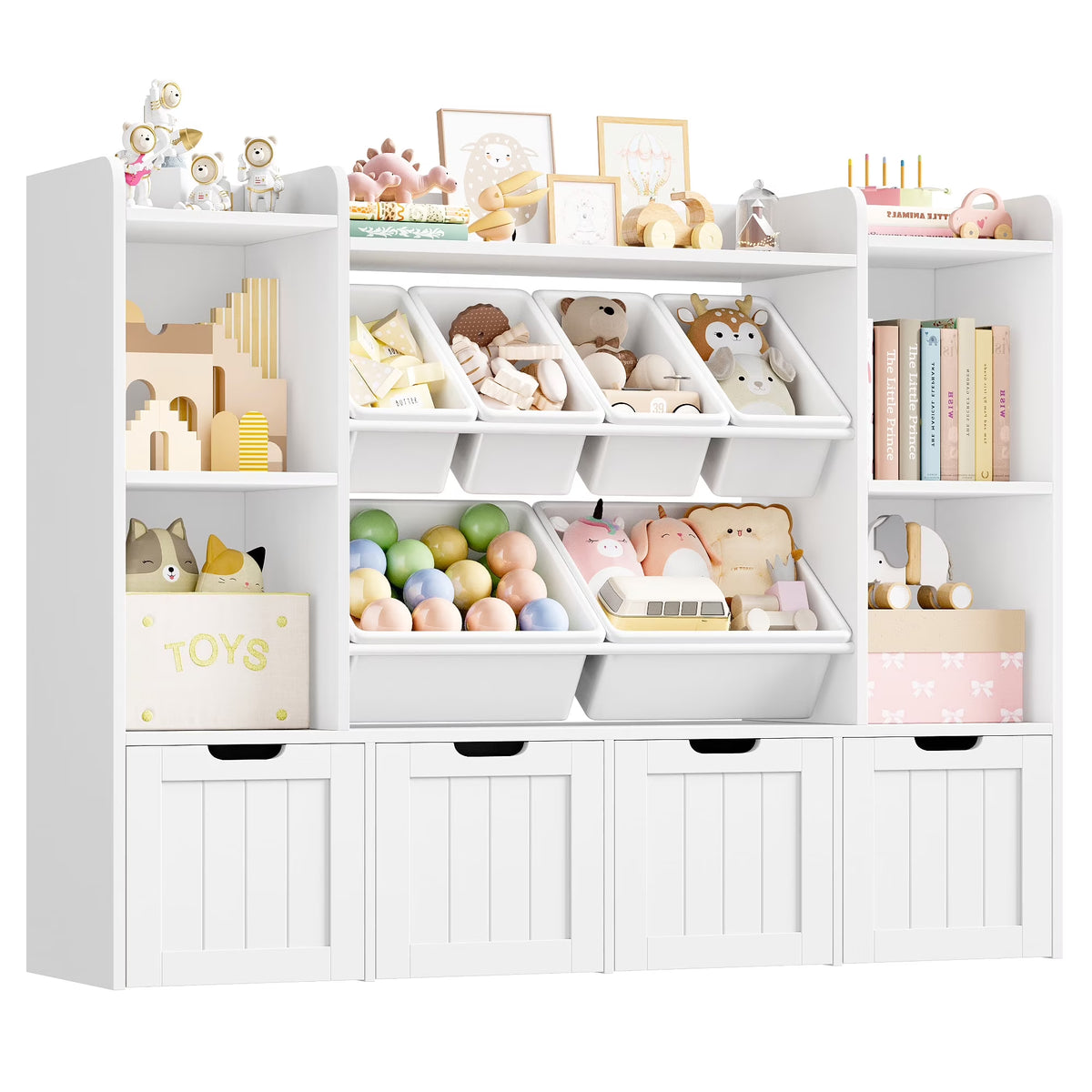 Hiphuta 3 Tier Kids Bookcase with Toy Storage Organizer, Wood Toy Organizer of 6 Boxes & 4 Removable Drawers, White