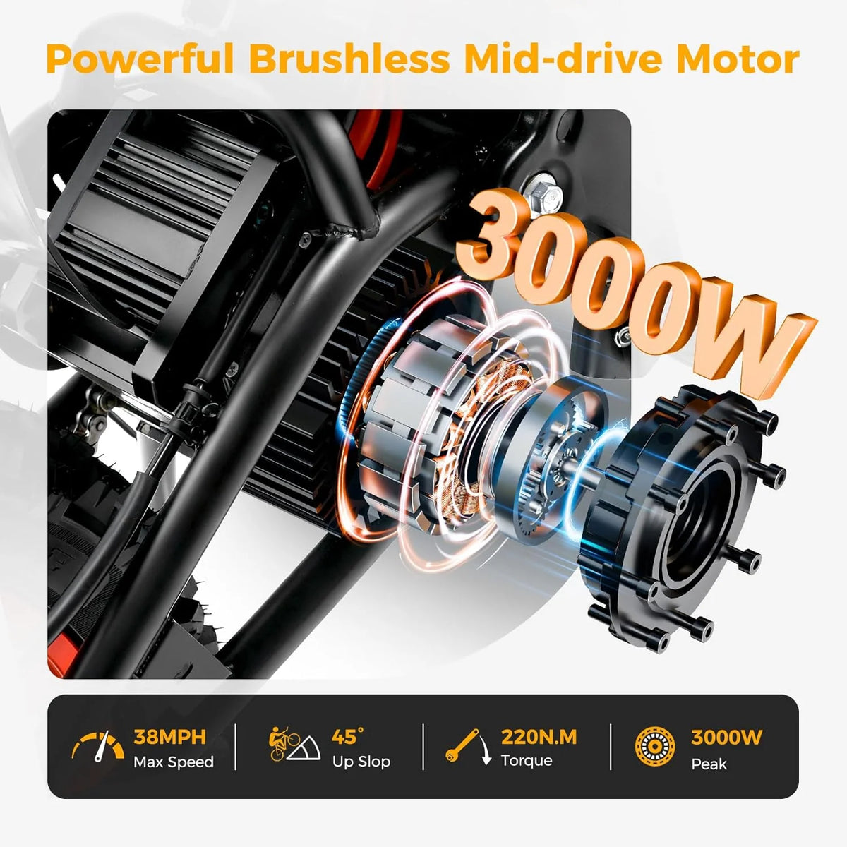 2000W Electric Dirt Bike for Adults Ridingtimes GT73 UL2849,Brushless Hub Motor,18.2AH*2 Electric Bike with 25\" tires digital screen Carbon Steel,Black