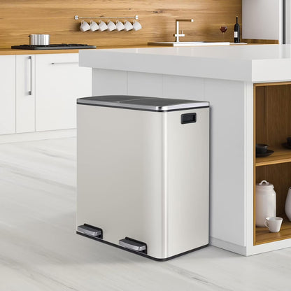 Arlopu 60 L/16 gal Dual Trash Can, Stainless Steel Garbage Can for Kitchen, Recycle Bin with Lid