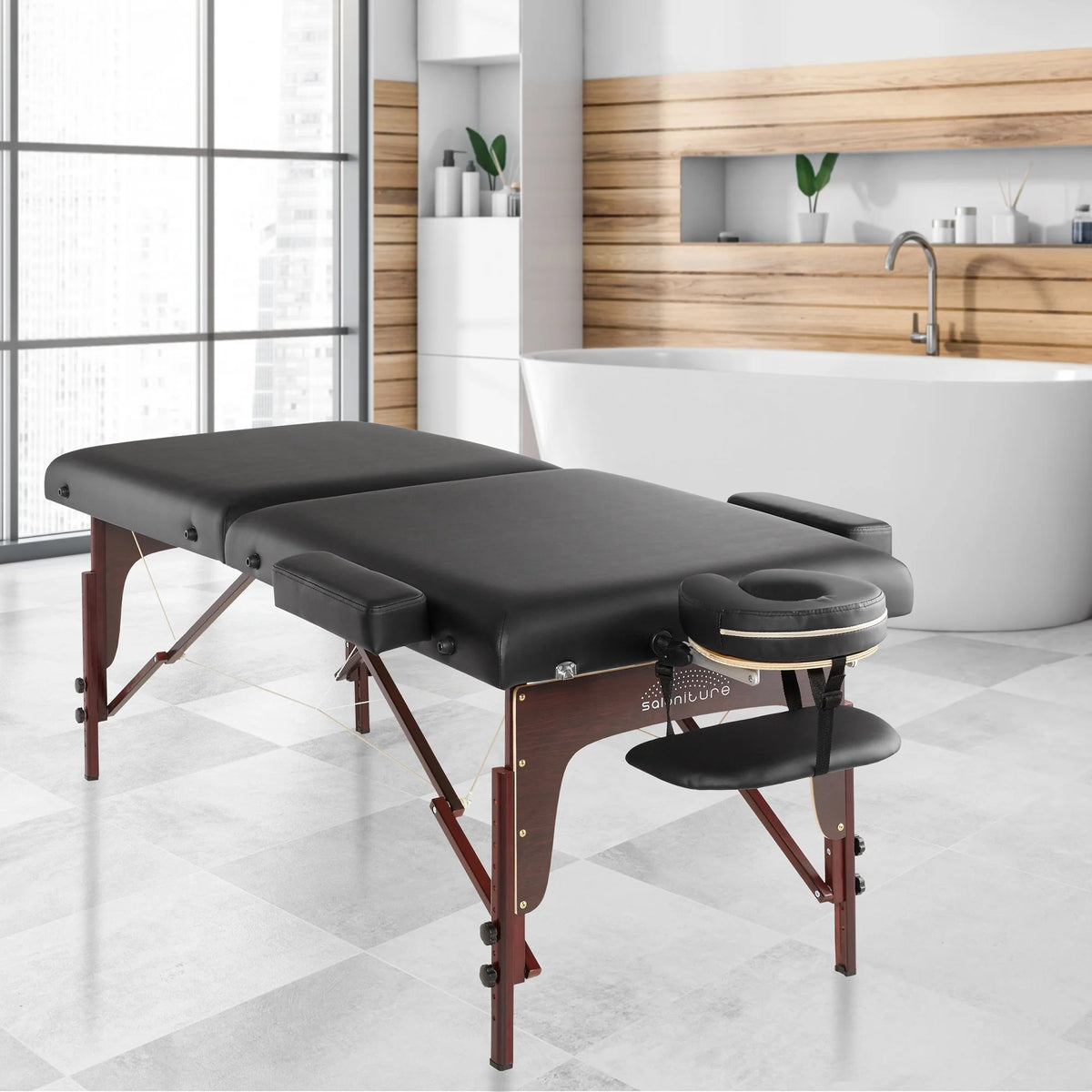 Saloniture Professional Portable Lightweight Bi-Fold Memory Foam Massage Table with Reiki Panels  - Includes Headrest, Face Cradle, Armrests and Carrying Case - Burgundy