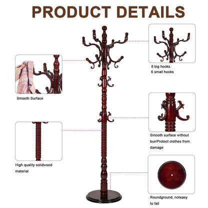 Coat Rack Freestanding, Hall Tree with 11 Hooks, Heavy Duty Wooden Coat Tree Stand, Adjustable Height, Sturdy Base for Bedroom Hallway Office - Load 270lbs