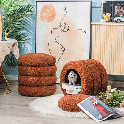 White Boucle Pouf with Storage Vintage Style Living Room