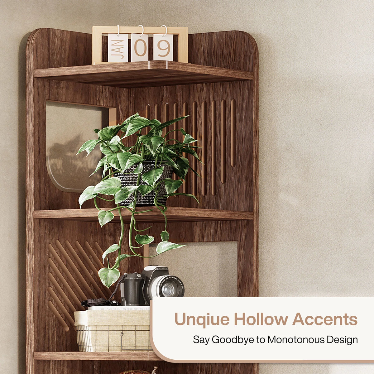 Fnova 71" 6-Tier Tall Corner Bookshelf, Rustic Wooden Narrow Corner Bookcase with Artistic Square Rack, Freestanding Display Storage Shelf for Space-Saving Home Organizing