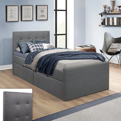 Emory Upholstered Twin Platform Bed with 2 Storage Drawers, Gray, by Hillsdale Living Essentials