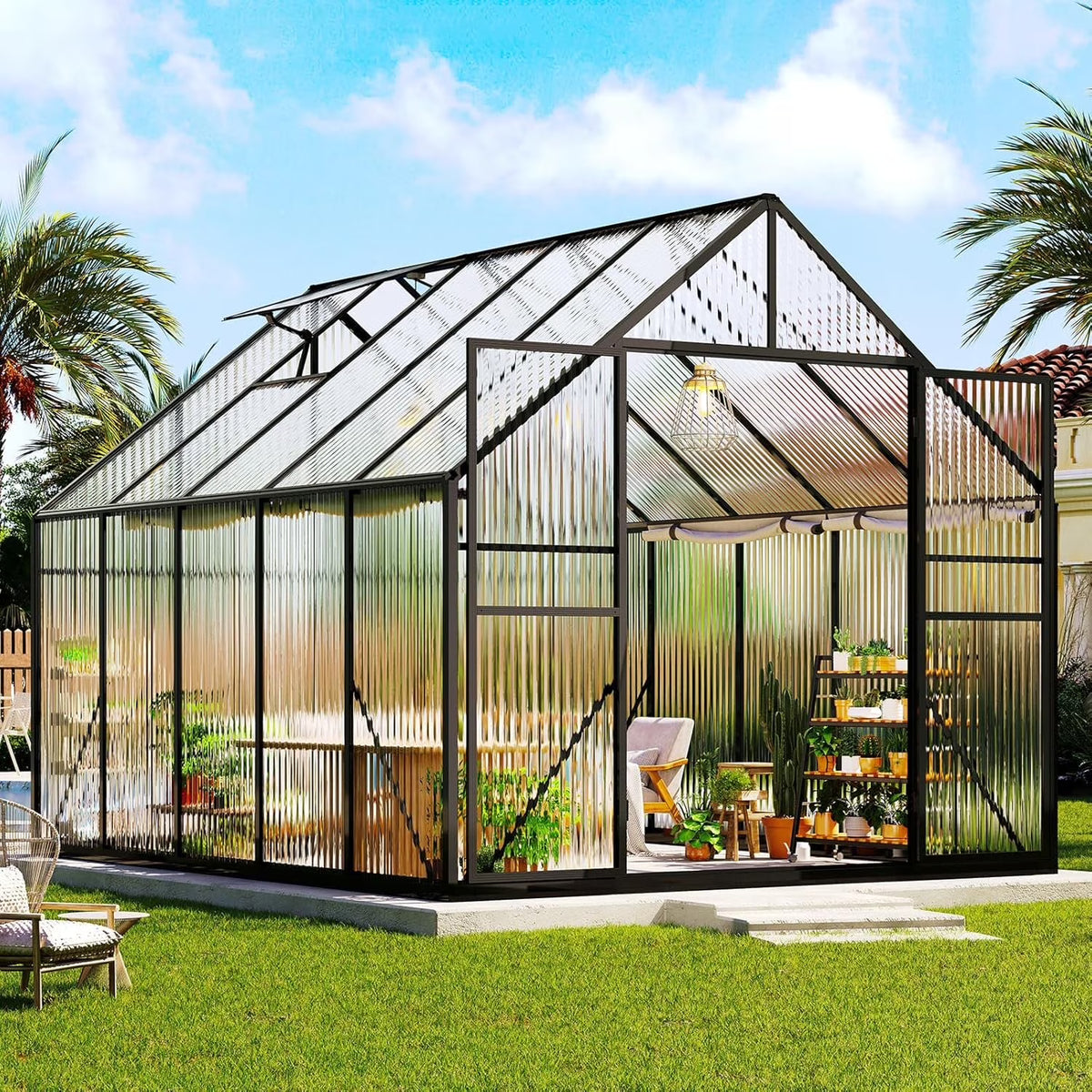Jocisland 8x8x7 FT Polycarbonate Walk-In Greenhouse with Aluminum Frame, 2 Top-Opening Windows & 2 Swing Doors, Heavy Duty for Outdoor Garden Use, Black
