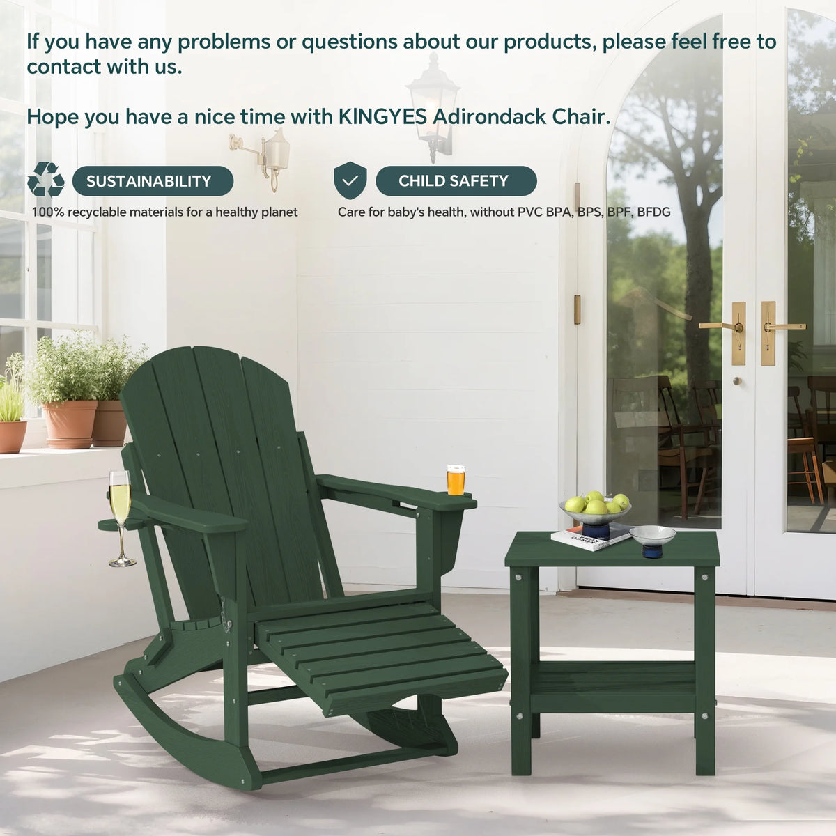 KINGYES Folding Adirondack Rocker Chair Set of 2 W/ Footrest & Dual Cup Holders, HDPE Outdoor Patio Rocking Chair, Black